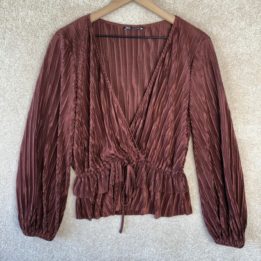 ZARA Brown Blouse Top Size Small Pleated Work Special Occassion - Picture 2 of 8